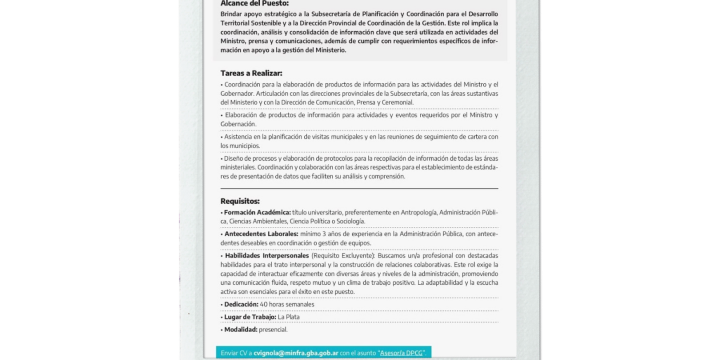 Búsqueda laboral: Coordinador/a en la Dirección Provincial de Coordinación de Gestión